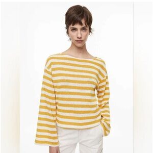 H&M Yellow and White Textured Striped Boxy fit Sweater Top size S